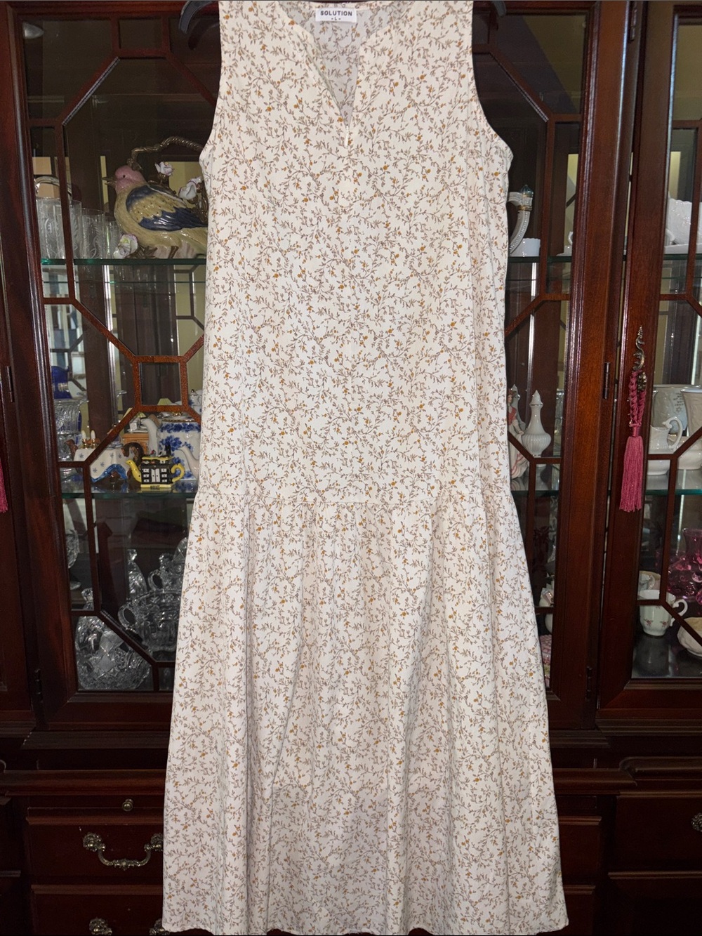 Sleeveless Cream Floral Midi Dress by Unknown Brand